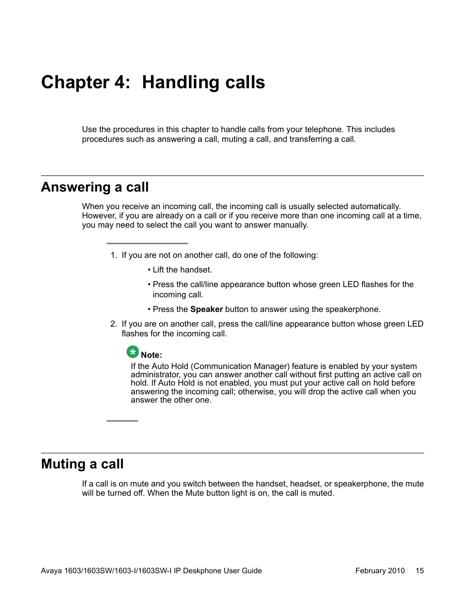 Chapter 4: handling calls, Answering a call, Muting a call | Answering a call muting a call | Avaya one-X 1603SW User Manual | Page 15 / 32