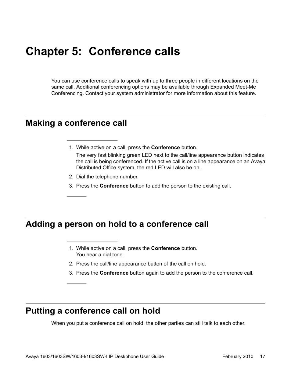 Chapter 5: conference calls, Making a conference call, Adding a person on hold to a conference call | Putting a conference call on hold | Avaya one-X 1603SW User Manual | Page 17 / 32