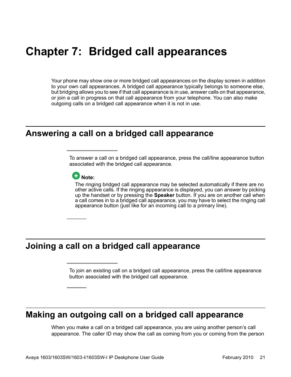 Chapter 7: bridged call appearances, Answering a call on a bridged call appearance, Joining a call on a bridged call appearance | Avaya one-X 1603SW User Manual | Page 21 / 32