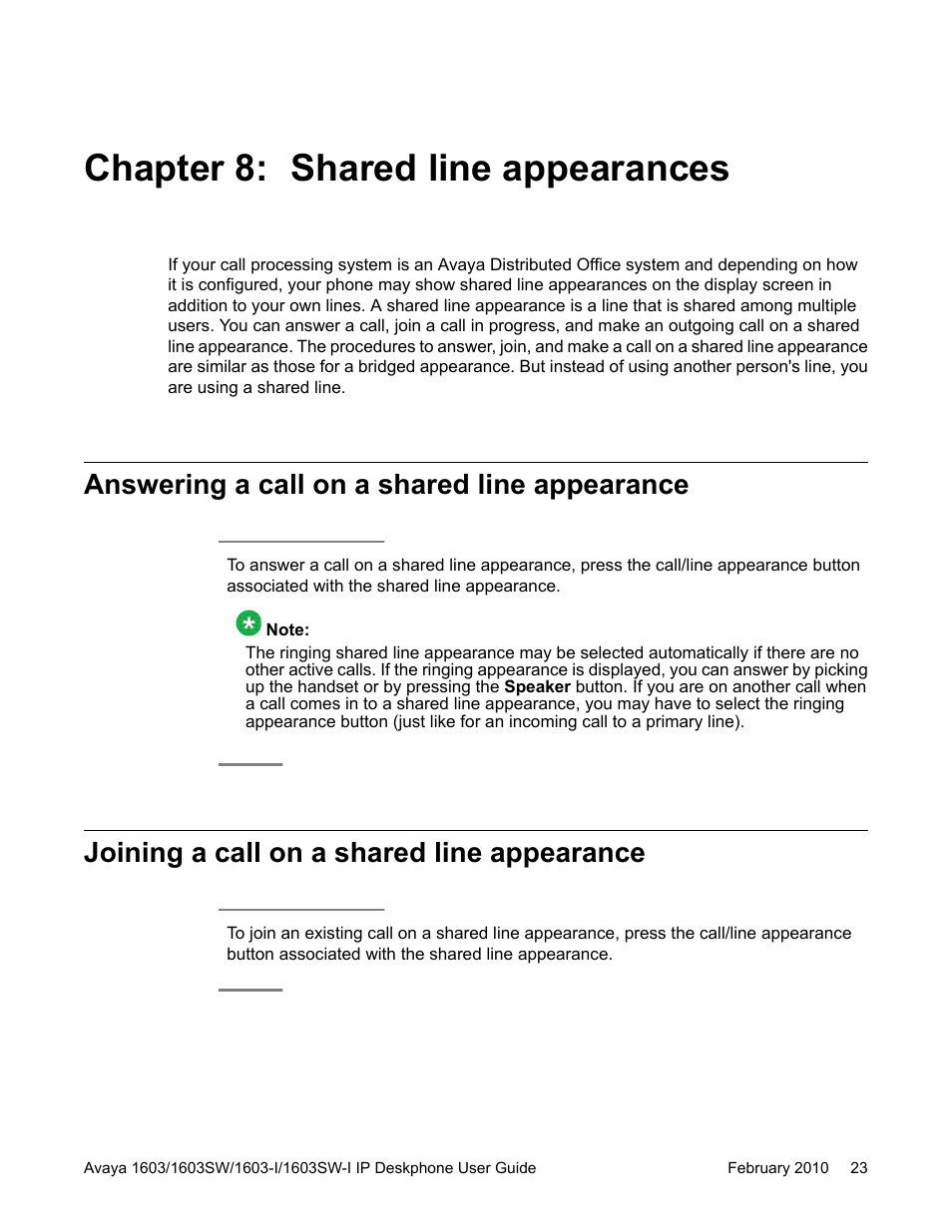 Chapter 8: shared line appearances, Answering a call on a shared line appearance, Joining a call on a shared line appearance | Avaya one-X 1603SW User Manual | Page 23 / 32