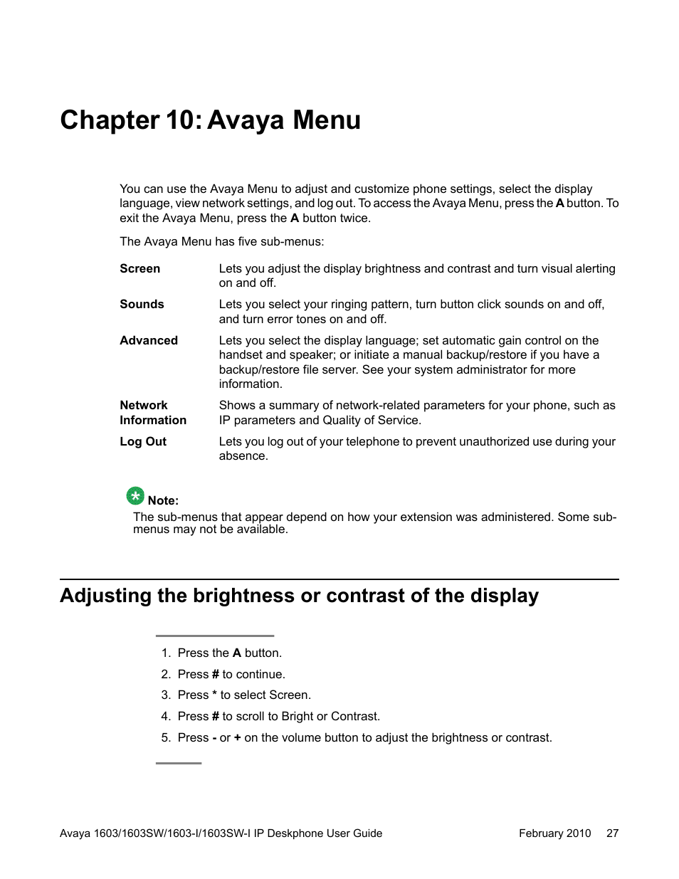 Chapter 10: avaya menu | Avaya one-X 1603SW User Manual | Page 27 / 32
