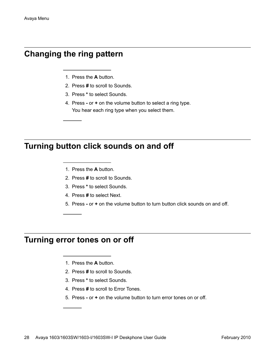 Changing the ring pattern, Turning button click sounds on and off, Turning error tones on or off | Avaya one-X 1603SW User Manual | Page 28 / 32