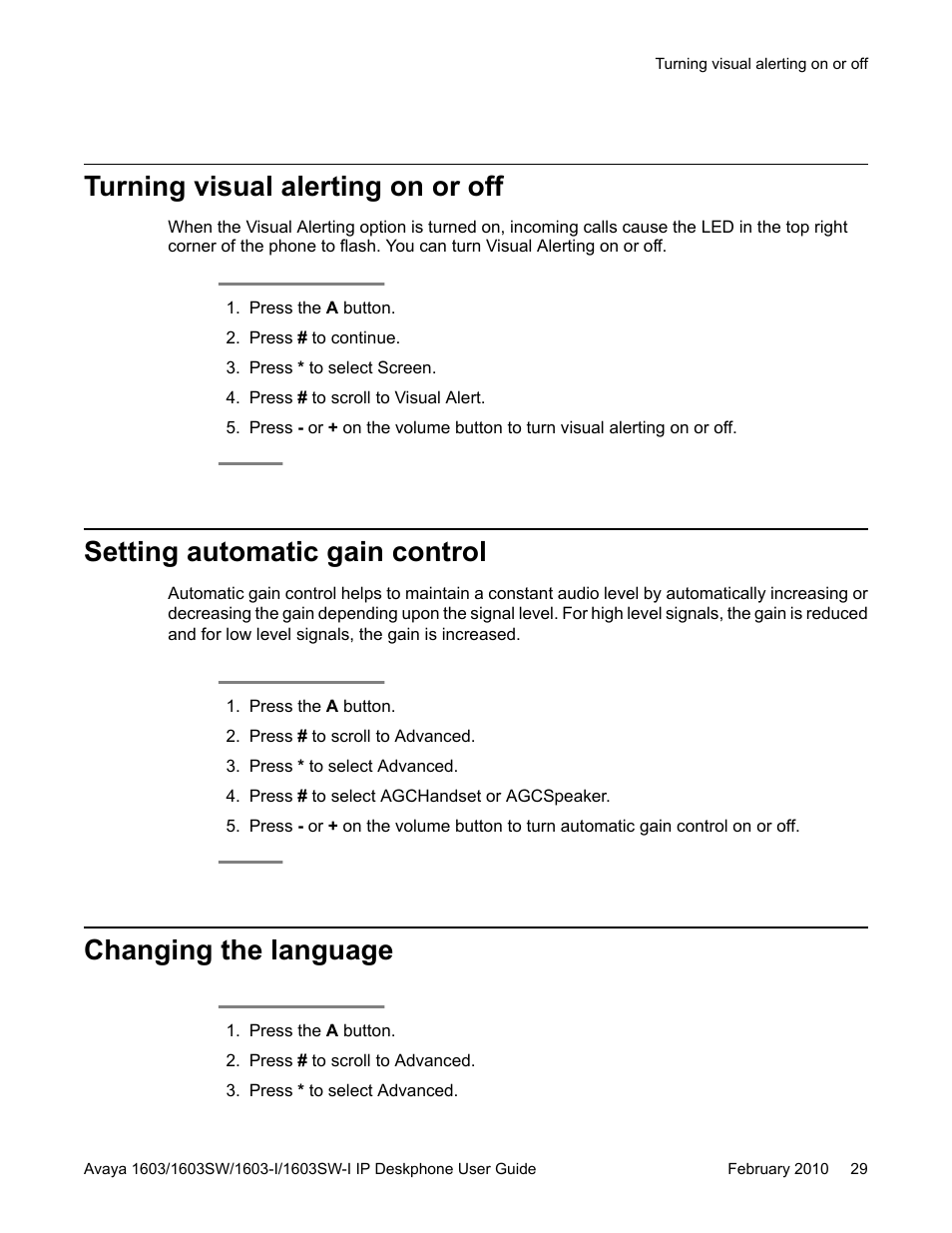 Turning visual alerting on or off, Setting automatic gain control, Changing the language | Avaya one-X 1603SW User Manual | Page 29 / 32