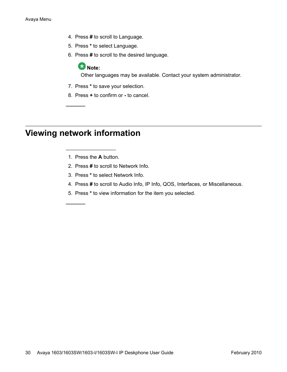 Viewing network information | Avaya one-X 1603SW User Manual | Page 30 / 32