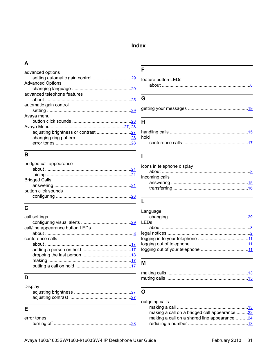 Index | Avaya one-X 1603SW User Manual | Page 31 / 32