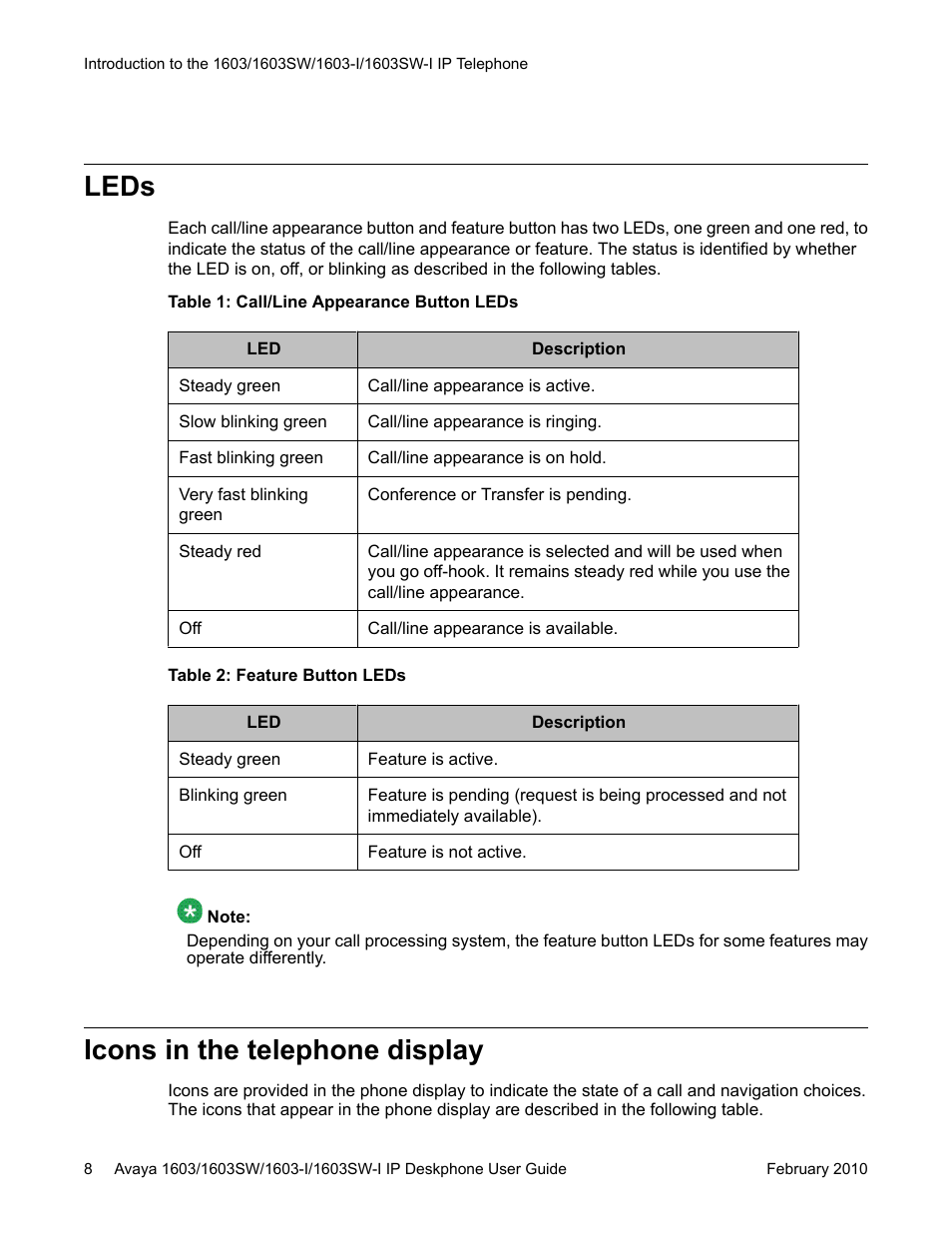 Leds, Icons in the telephone display, Leds icons in the telephone display | Avaya one-X 1603SW User Manual | Page 8 / 32