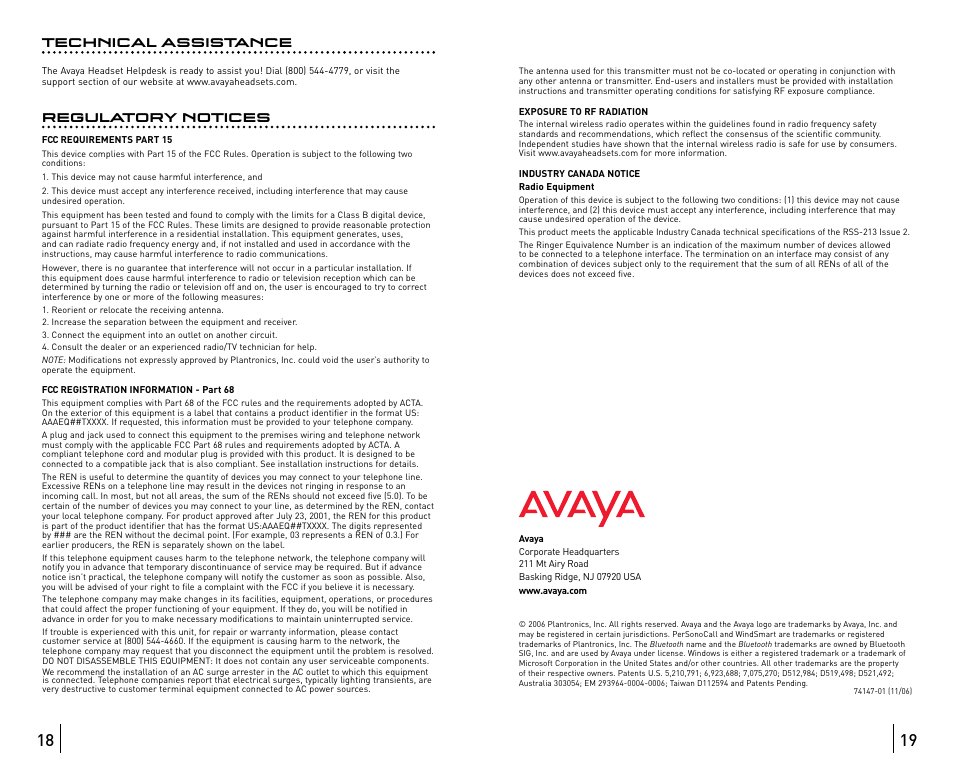 Technical assistance, Regulatory notices | Avaya ABT35 User Manual | Page 10 / 182