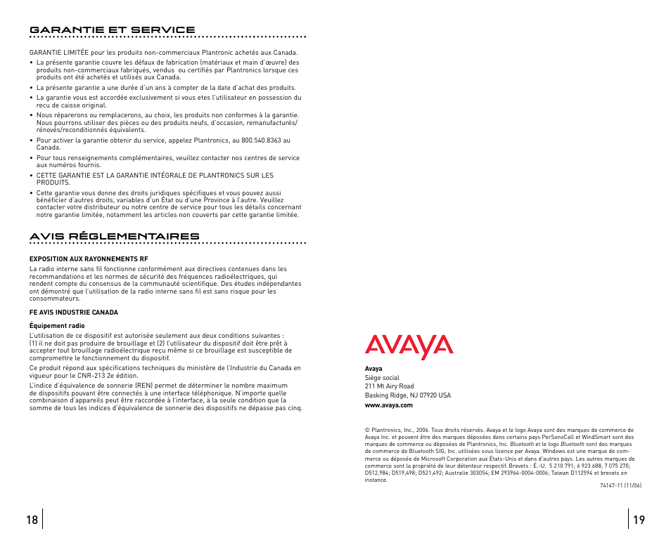 Garantie et service, Avis réglementaires | Avaya ABT35 User Manual | Page 102 / 182