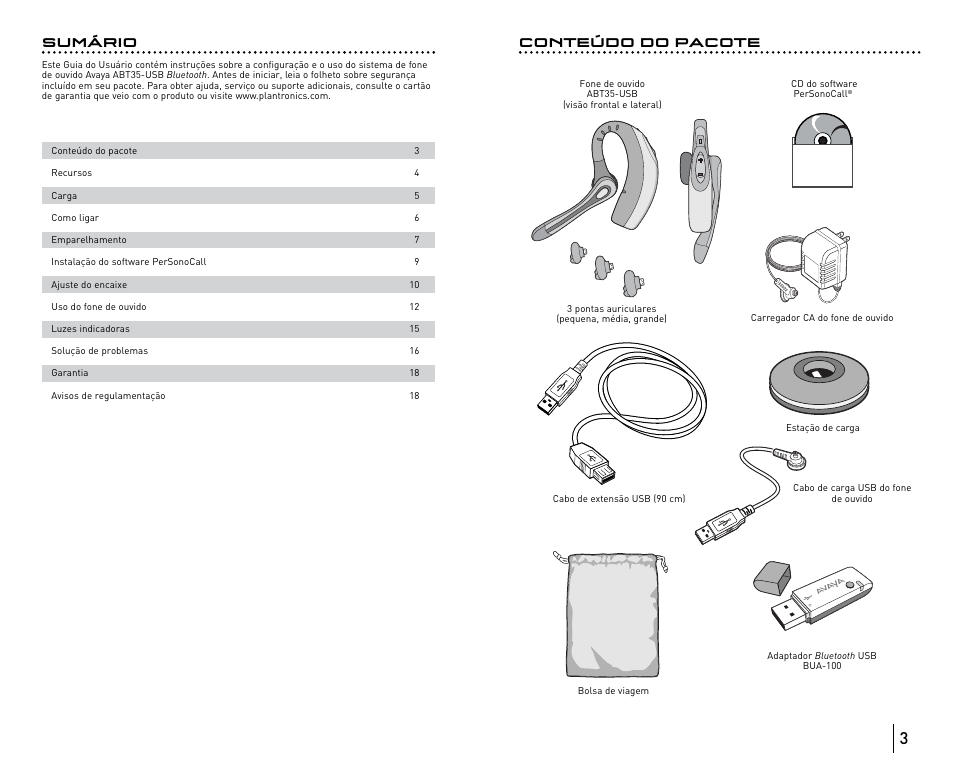 Sumário, Conteúdo do pacote | Avaya ABT35 User Manual | Page 104 / 182