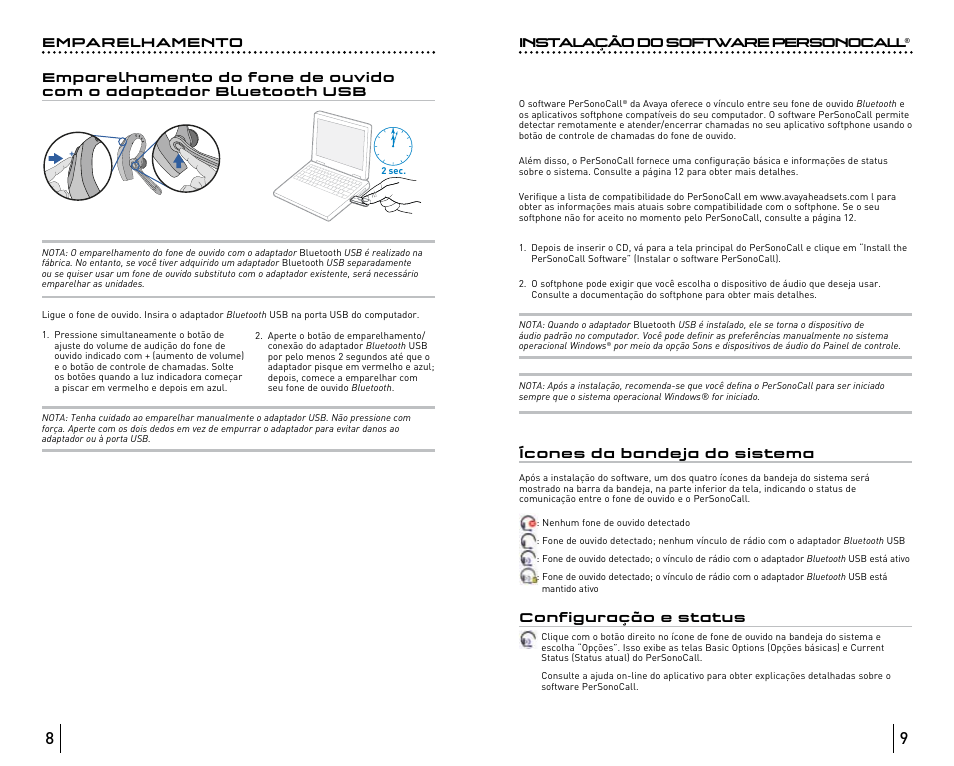 Instalação do software personocall, Ícones da bandeja do sistema, Configuração e status | Avaya ABT35 User Manual | Page 107 / 182