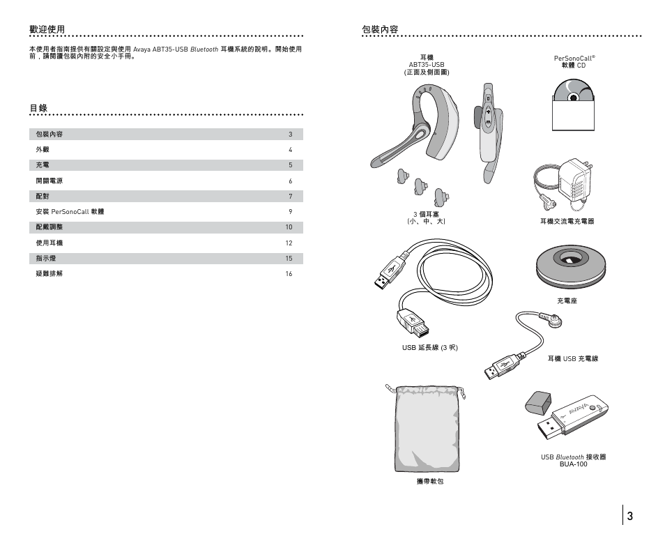 目錄 包裝內容, 歡迎使用 | Avaya ABT35 User Manual | Page 134 / 182