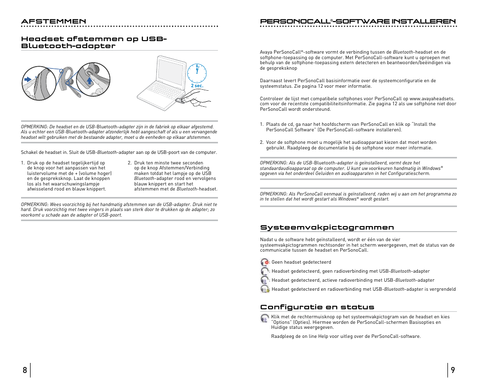 Personocall, Software installeren, Systeemvakpictogrammen | Configuratie en status | Avaya ABT35 User Manual | Page 147 / 182