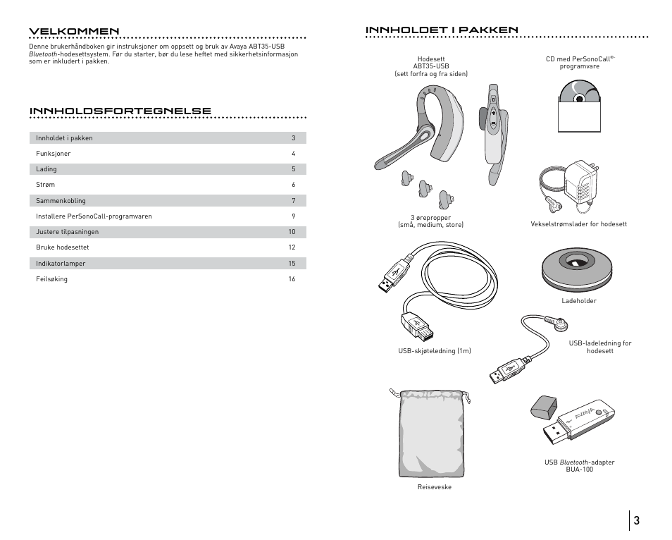 Innholdsfortegnelse innholdet i pakken, Velkommen | Avaya ABT35 User Manual | Page 154 / 182