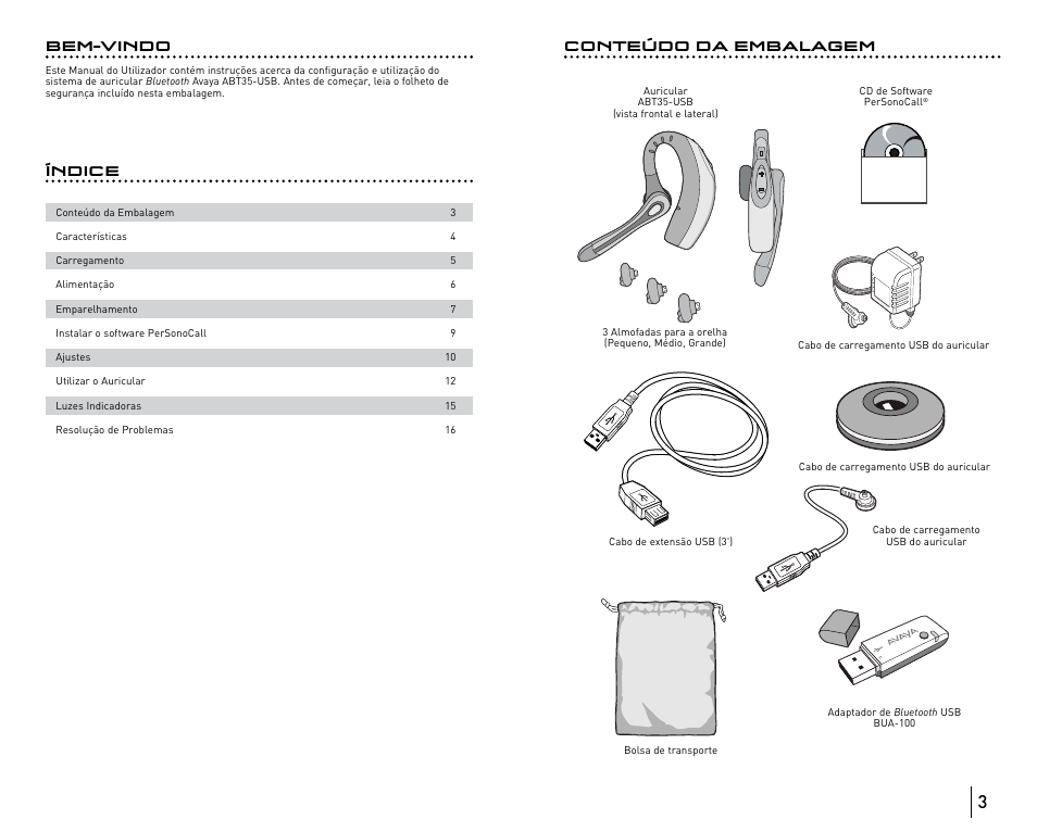 Índice conteúdo da embalagem, Bem-vindo | Avaya ABT35 User Manual | Page 164 / 182