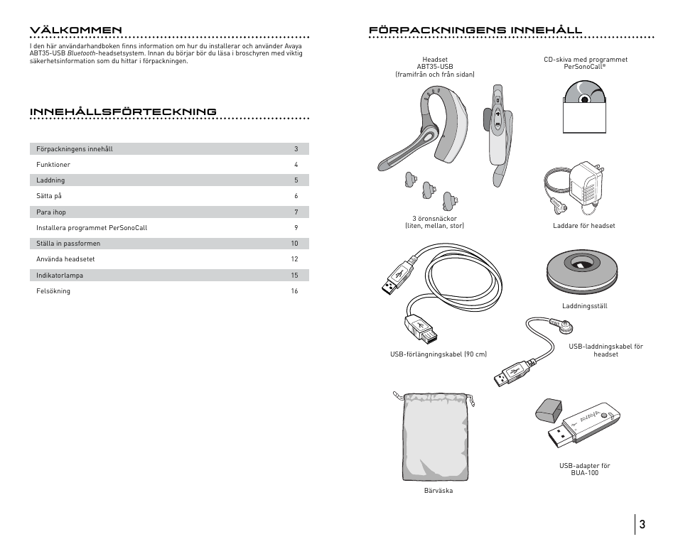 Innehållsförteckning förpackningens innehåll, Välkommen | Avaya ABT35 User Manual | Page 174 / 182