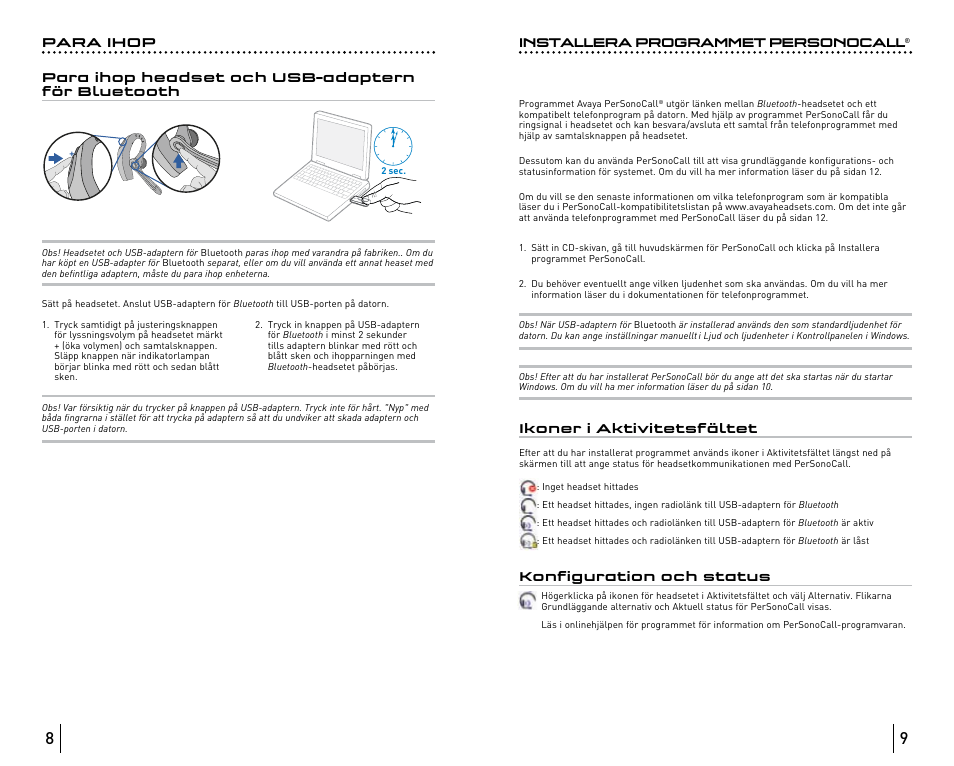 Installera programmet personocall, Ikoner i aktivitetsfältet, Konfiguration och status | Avaya ABT35 User Manual | Page 177 / 182