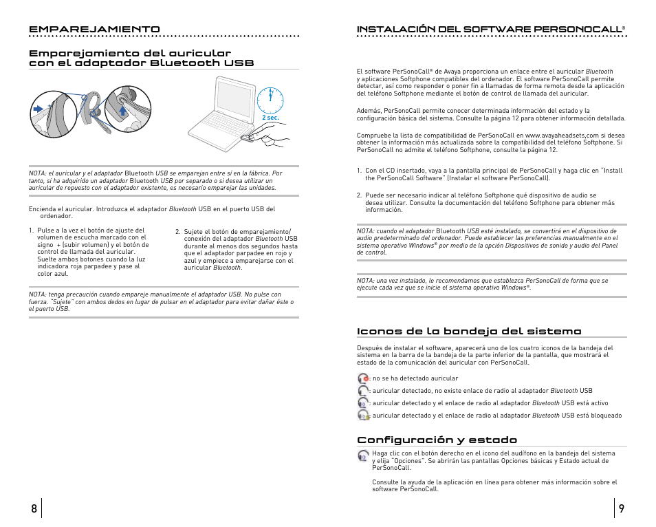 Instalación del software personocall, Iconos de la bandeja del sistema, Configuración y estado | Avaya ABT35 User Manual | Page 27 / 182