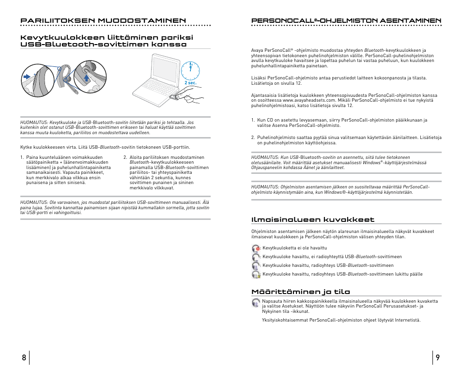 Personocall®-ohjelmiston asentaminen, Ilmaisinalueen kuvakkeet, Määrittäminen ja tila | Avaya ABT35 User Manual | Page 37 / 182