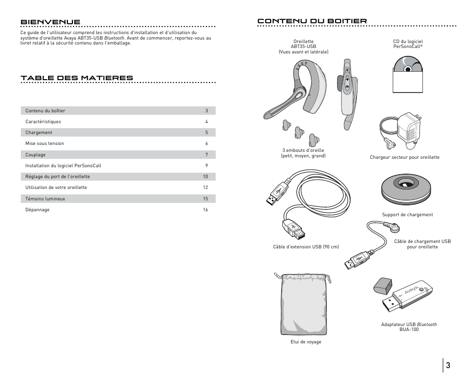 Table des matieres contenu du boitier, Bienvenue | Avaya ABT35 User Manual | Page 44 / 182