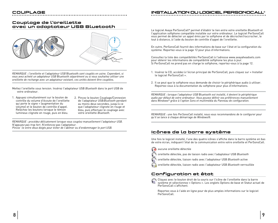 Installation du logiciel personocall, Icônes de la barre système, Configuration et état | Avaya ABT35 User Manual | Page 47 / 182