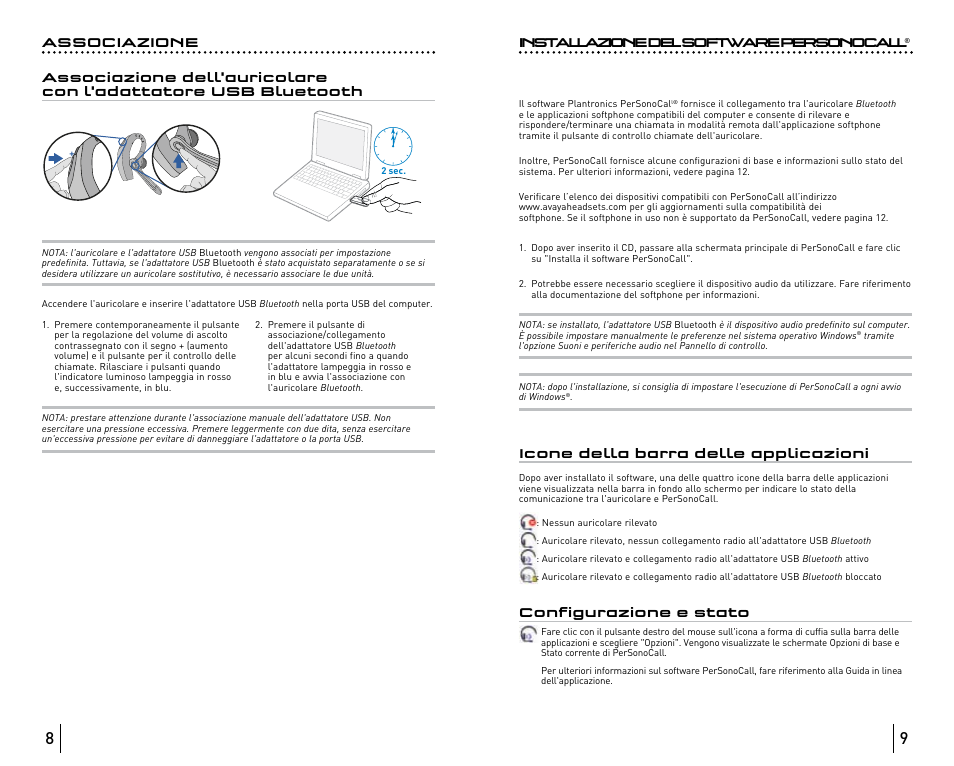 Installazione del software personocall, Icone della barra delle applicazioni, Configurazione e stato | Avaya ABT35 User Manual | Page 57 / 182