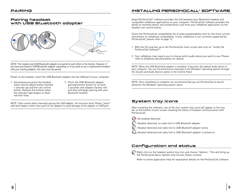 Pairing pairing headset with usb bluetooth adapter, Installing personocall, Software | System tray icons, Configuration and status | Avaya ABT35 User Manual | Page 67 / 182