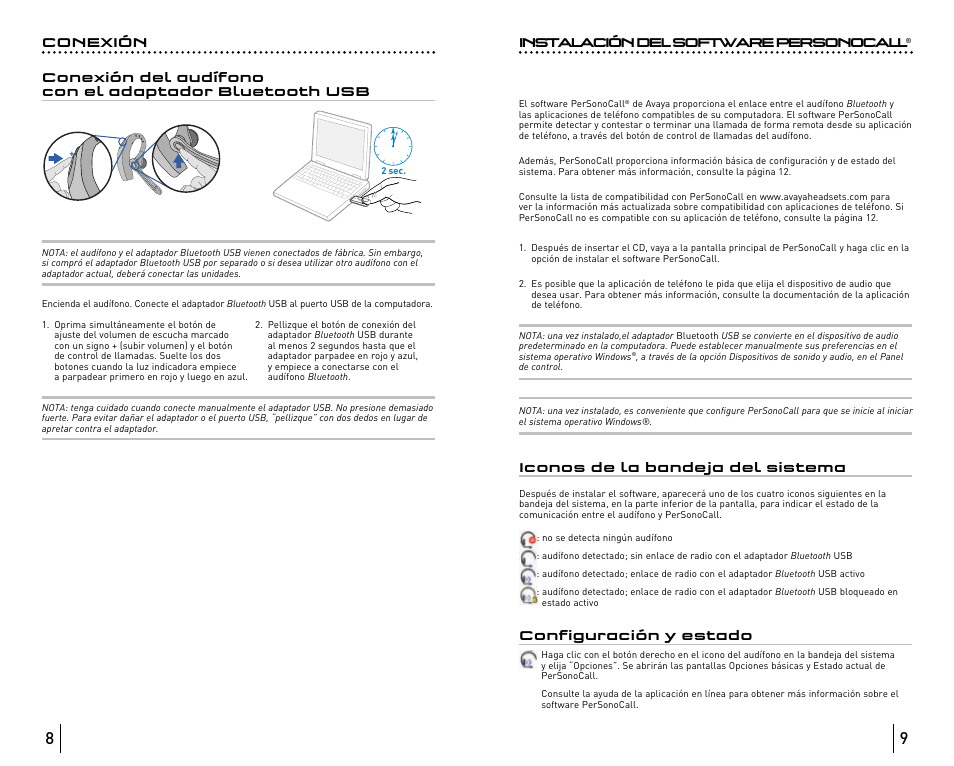 Instalación del software personocall, Iconos de la bandeja del sistema, Configuración y estado | Avaya ABT35 User Manual | Page 87 / 182