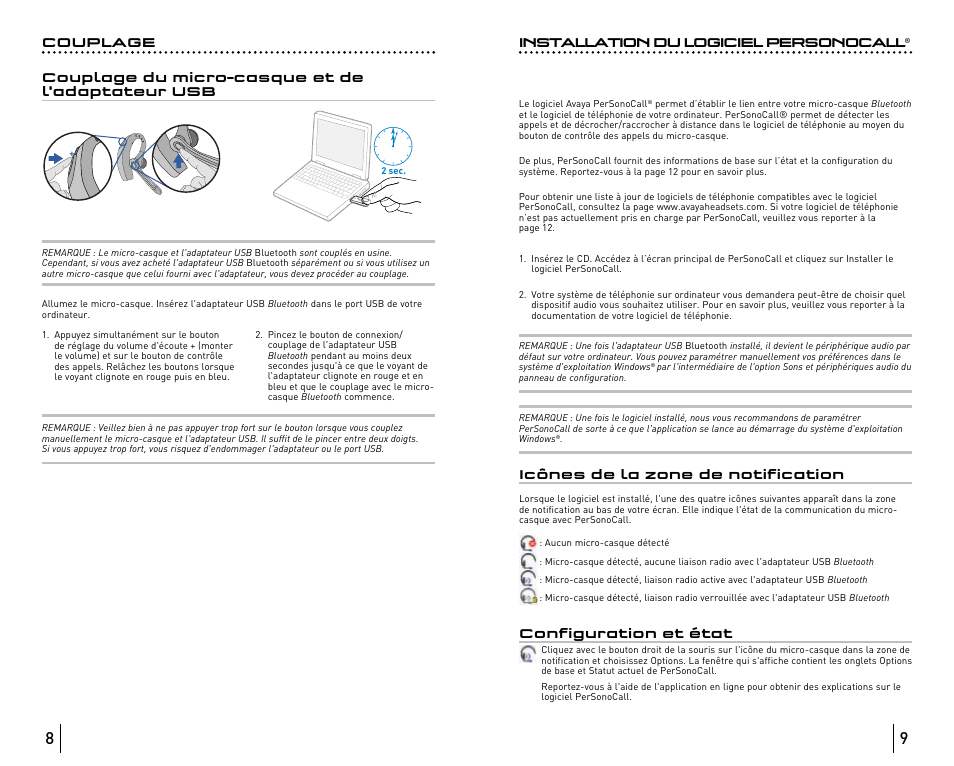 Installation du logiciel personocall, Icônes de la zone de notification, Configuration et état | Avaya ABT35 User Manual | Page 97 / 182