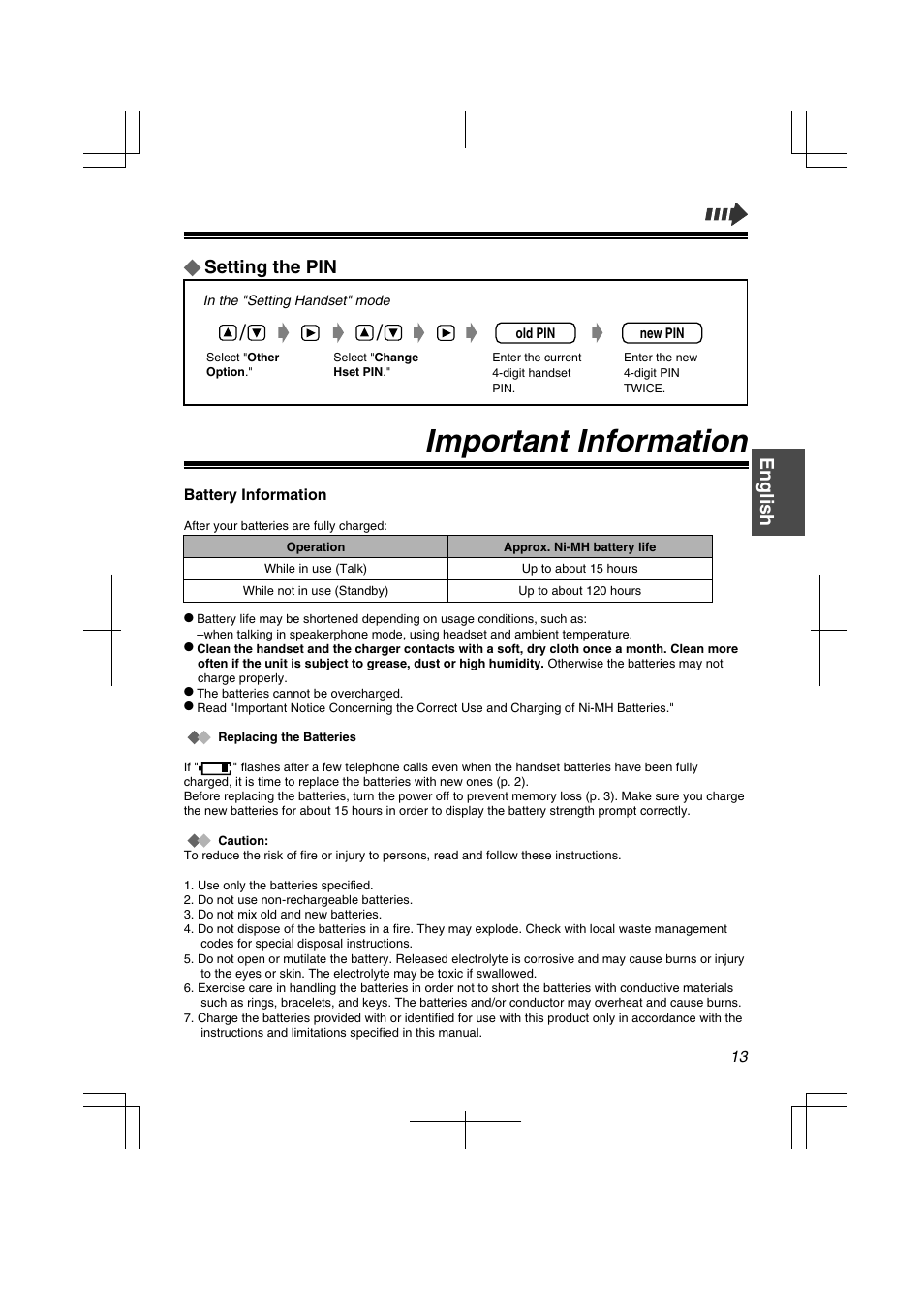 Important information, Setting the pin, English | Panasonic KXTD7580CE User Manual | Page 13 / 80