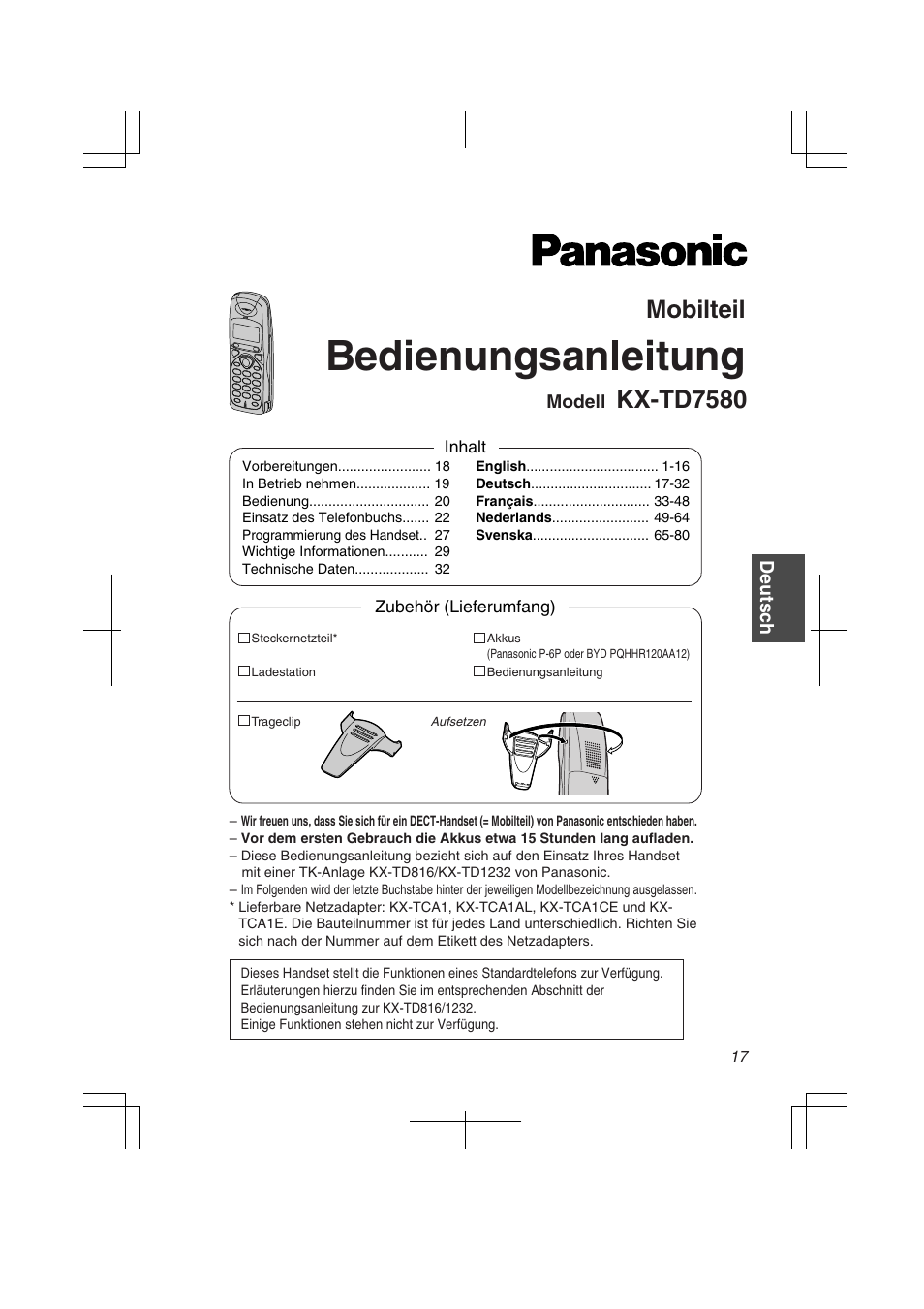 Bedienungsanleitung, Mobilteil, Kx-td7580 | Panasonic KXTD7580CE User Manual | Page 17 / 80