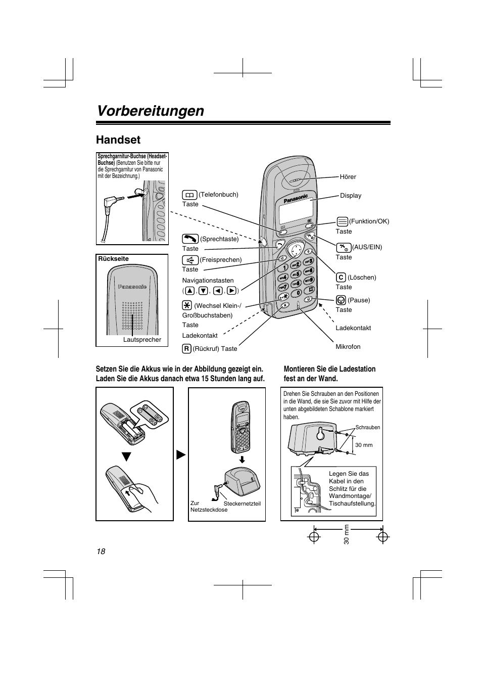 Vorbereitungen, Handset | Panasonic KXTD7580CE User Manual | Page 18 / 80