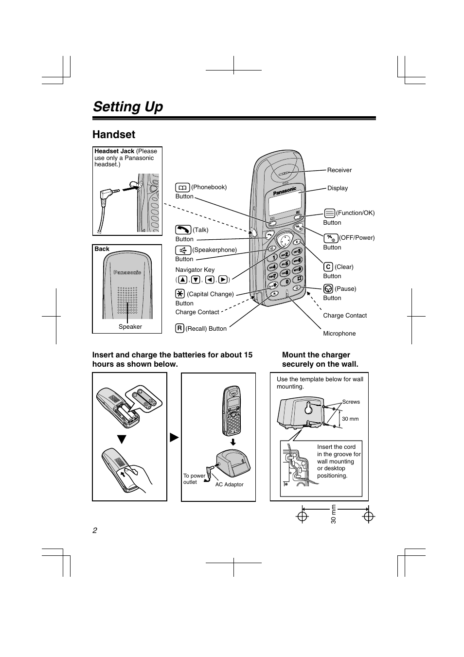 Setting up, Handset | Panasonic KXTD7580CE User Manual | Page 2 / 80