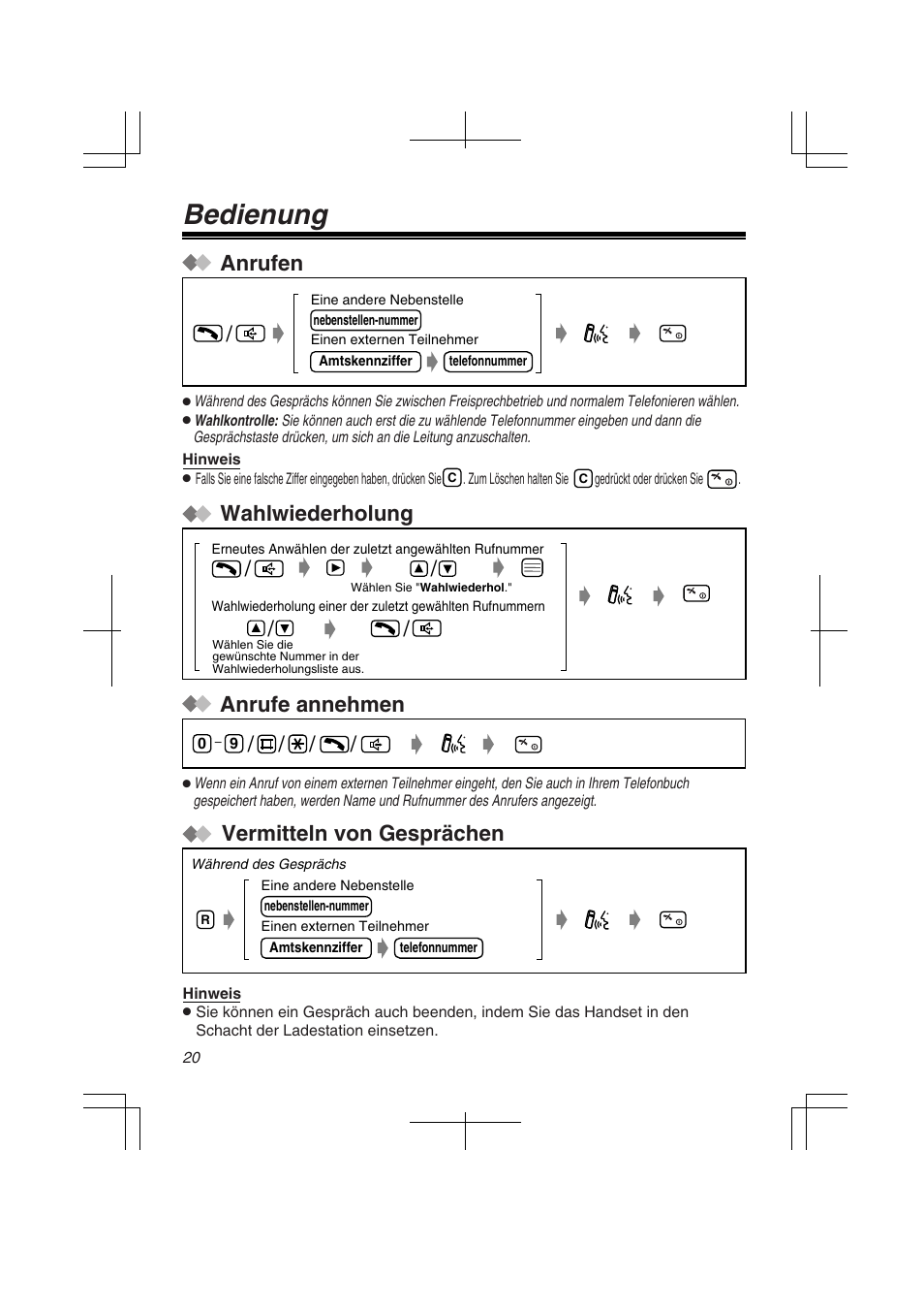 Bedienung, Anrufen, Anrufe annehmen | Vermitteln von gesprächen, Wahlwiederholung | Panasonic KXTD7580CE User Manual | Page 20 / 80
