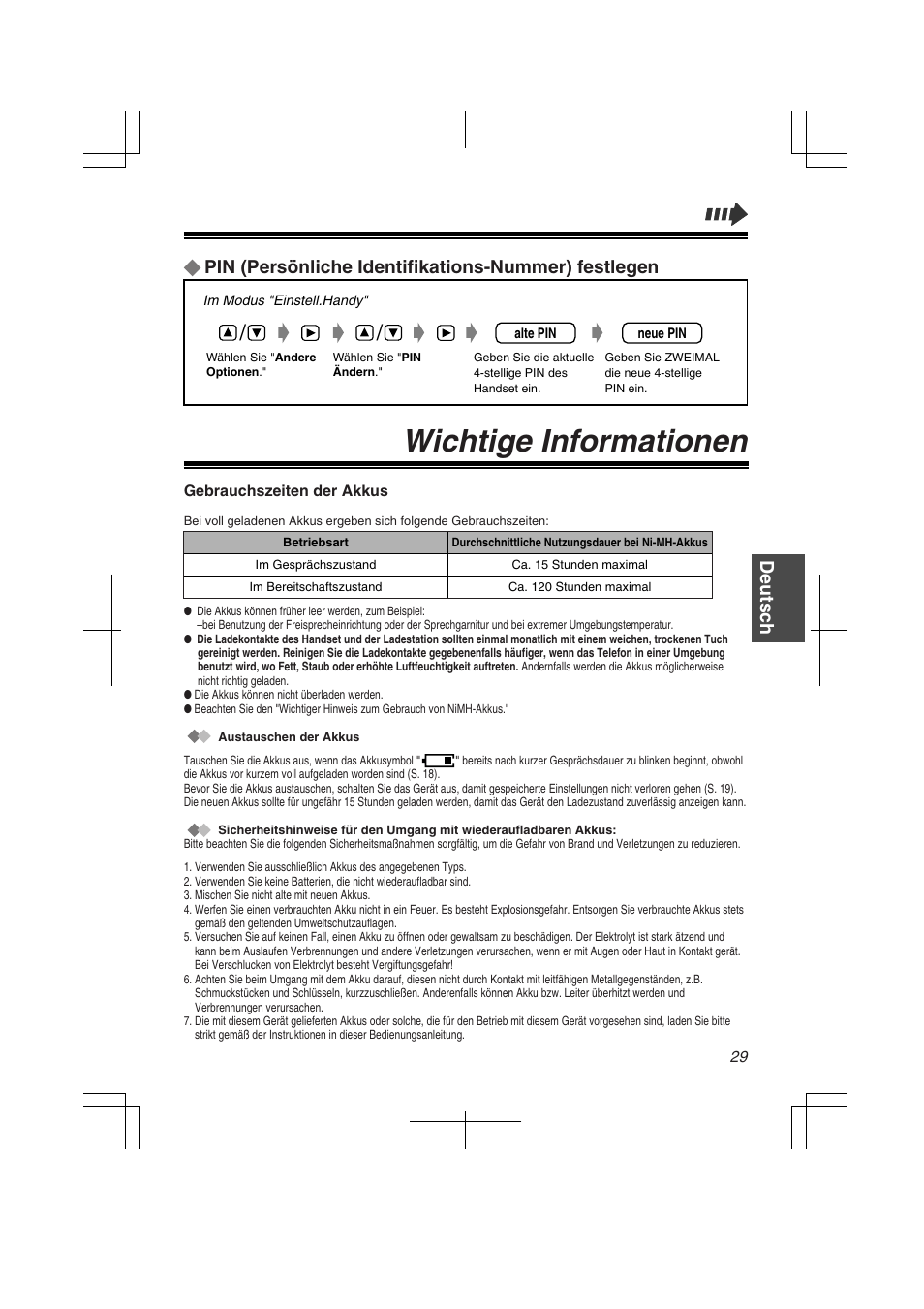 Wichtige informationen, Pin (persönliche identifikations-nummer) festlegen, Deutsc h | Panasonic KXTD7580CE User Manual | Page 29 / 80