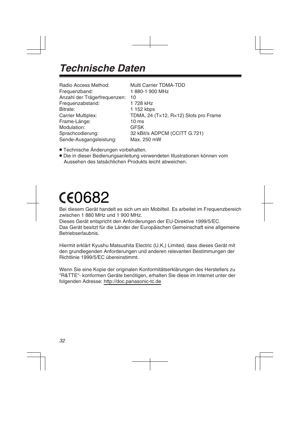 Technische daten | Panasonic KXTD7580CE User Manual | Page 32 / 80