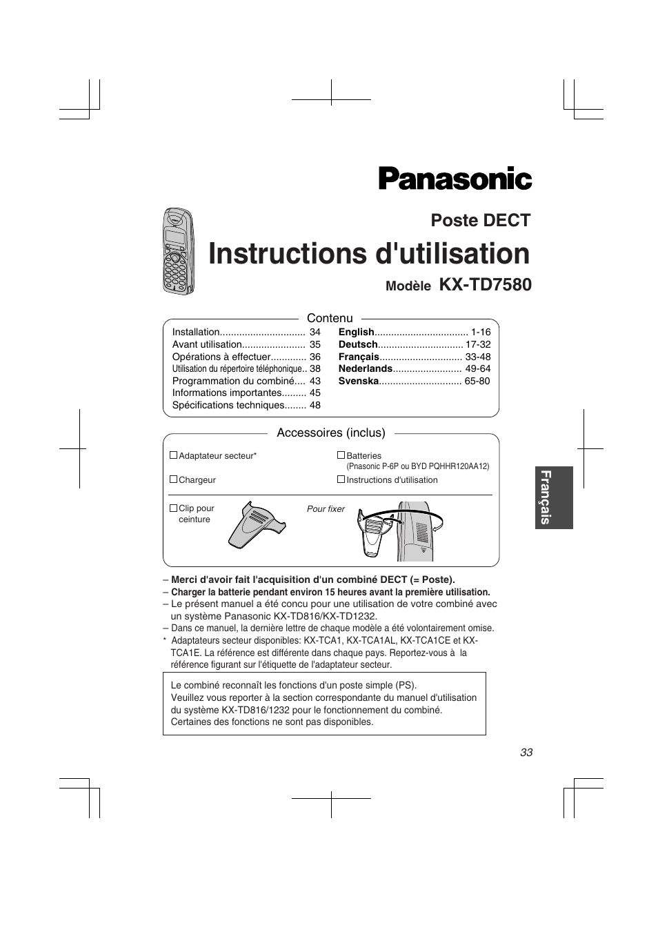 Instructions d'utilisation, Poste dect, Kx-td7580 | Panasonic KXTD7580CE User Manual | Page 33 / 80