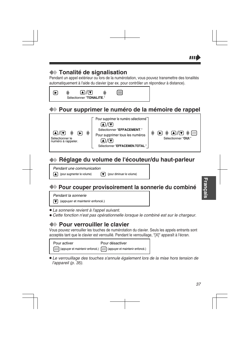 Pour couper provisoirement la sonnerie du combiné, Tonalité de signalisation, Pour verrouiller le clavier | Panasonic KXTD7580CE User Manual | Page 37 / 80