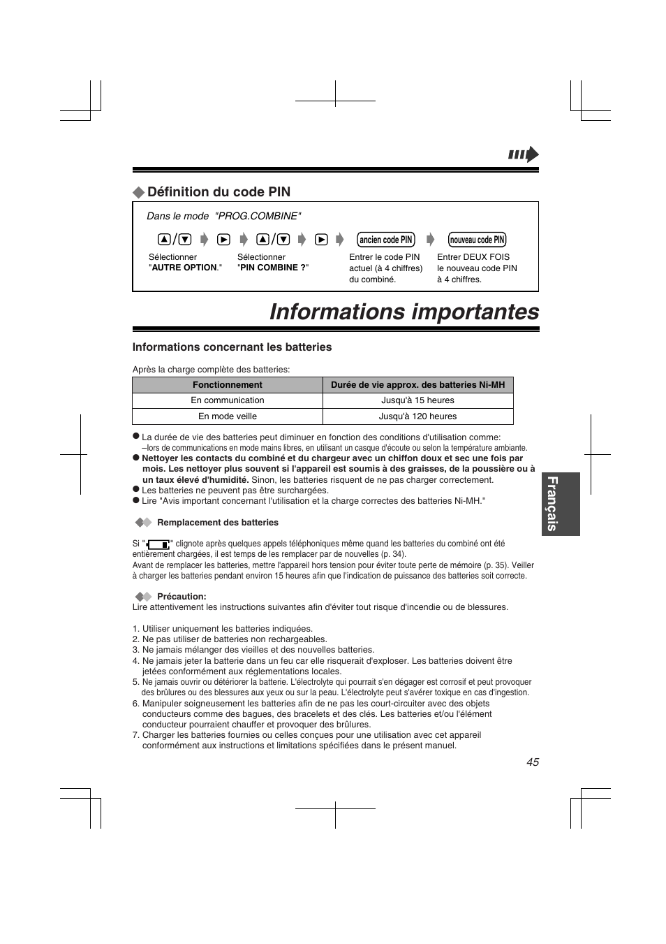 Informations importantes, Définition du code pin, Fran ç ais | Panasonic KXTD7580CE User Manual | Page 45 / 80