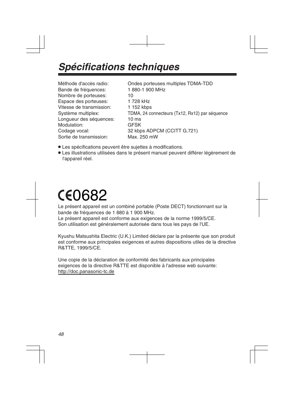 Spécifications techniques | Panasonic KXTD7580CE User Manual | Page 48 / 80