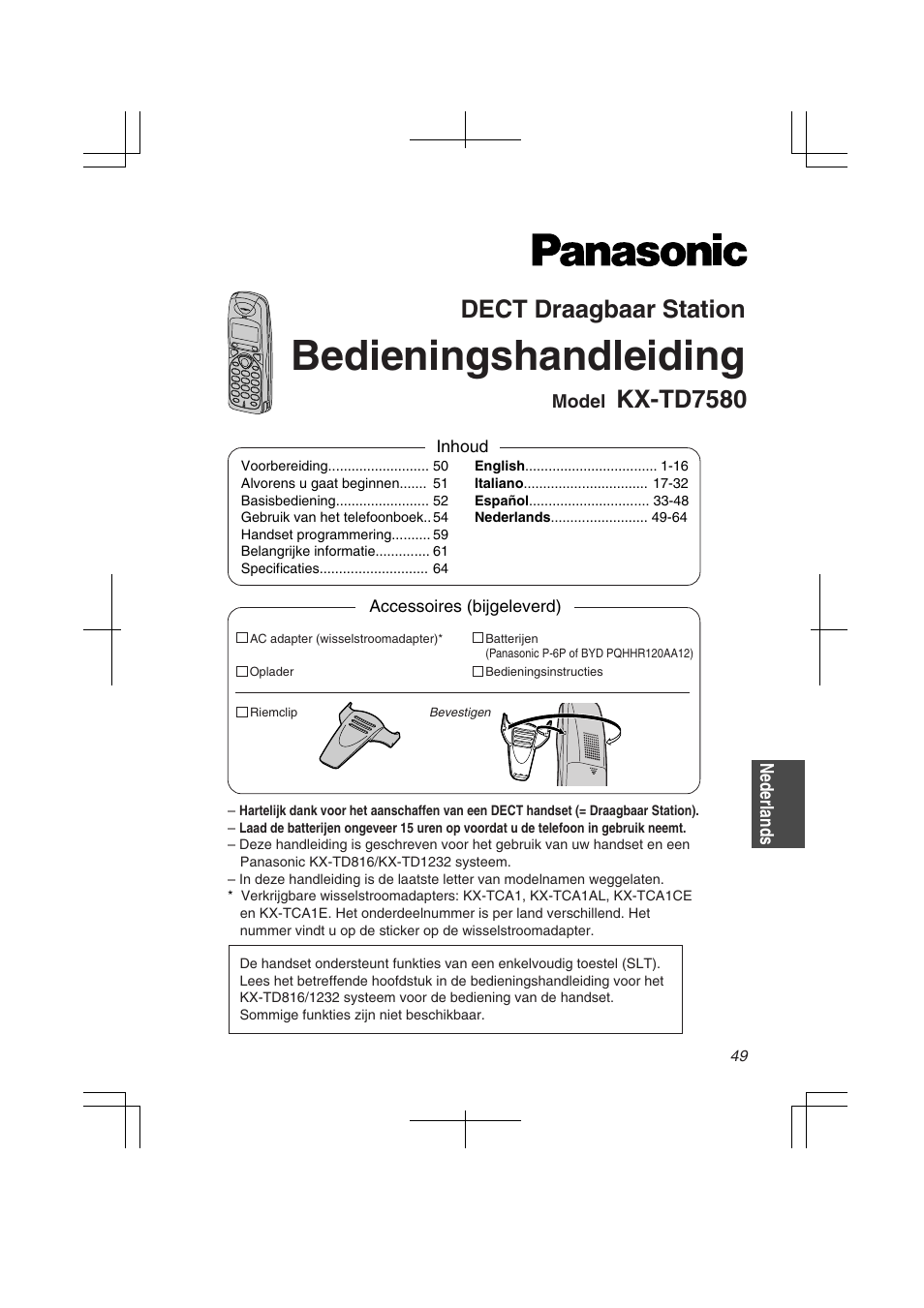 Bedieningshandleiding, Dect draagbaar station, Kx-td7580 | Panasonic KXTD7580CE User Manual | Page 49 / 80