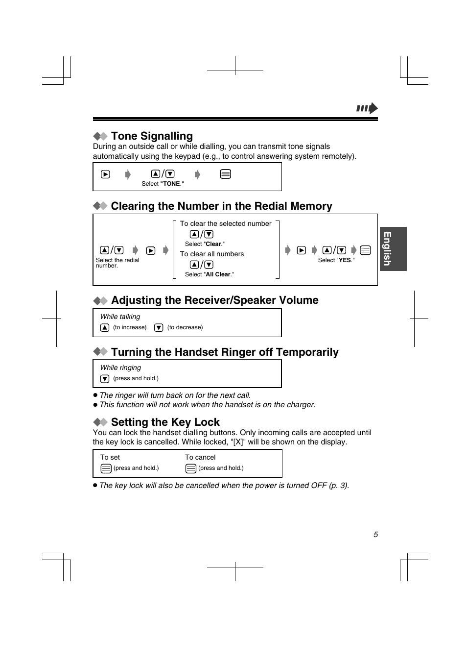 Turning the handset ringer off temporarily, Tone signalling, Setting the key lock | Panasonic KXTD7580CE User Manual | Page 5 / 80