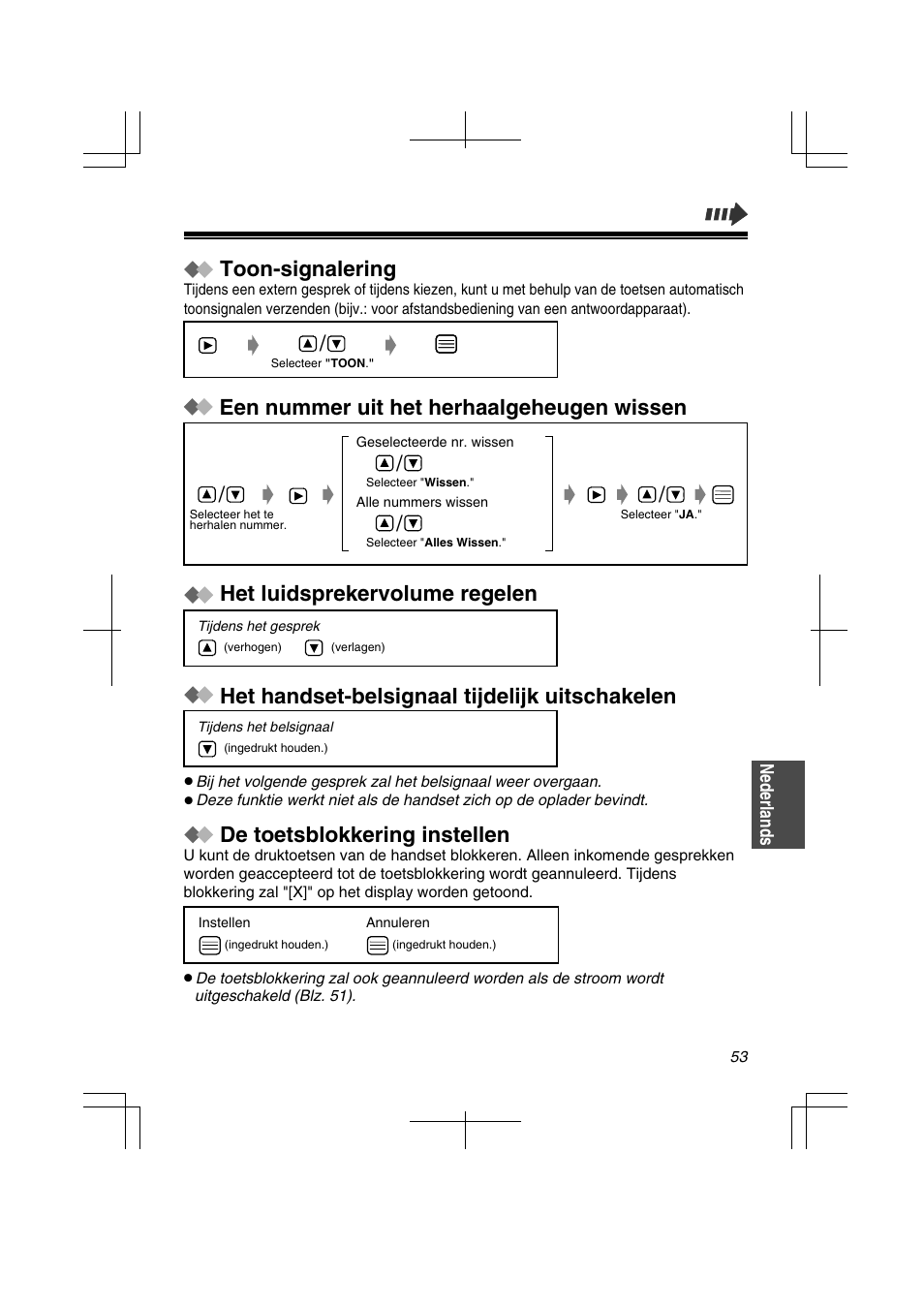 Het handset-belsignaal tijdelijk uitschakelen, Toon-signalering, De toetsblokkering instellen | Panasonic KXTD7580CE User Manual | Page 53 / 80