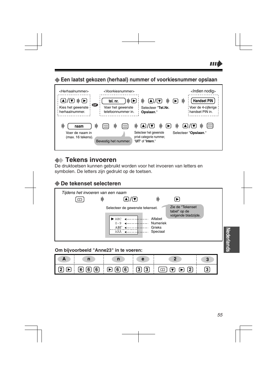 Tekens invoeren, De tekenset selecteren, Nederlands | Panasonic KXTD7580CE User Manual | Page 55 / 80