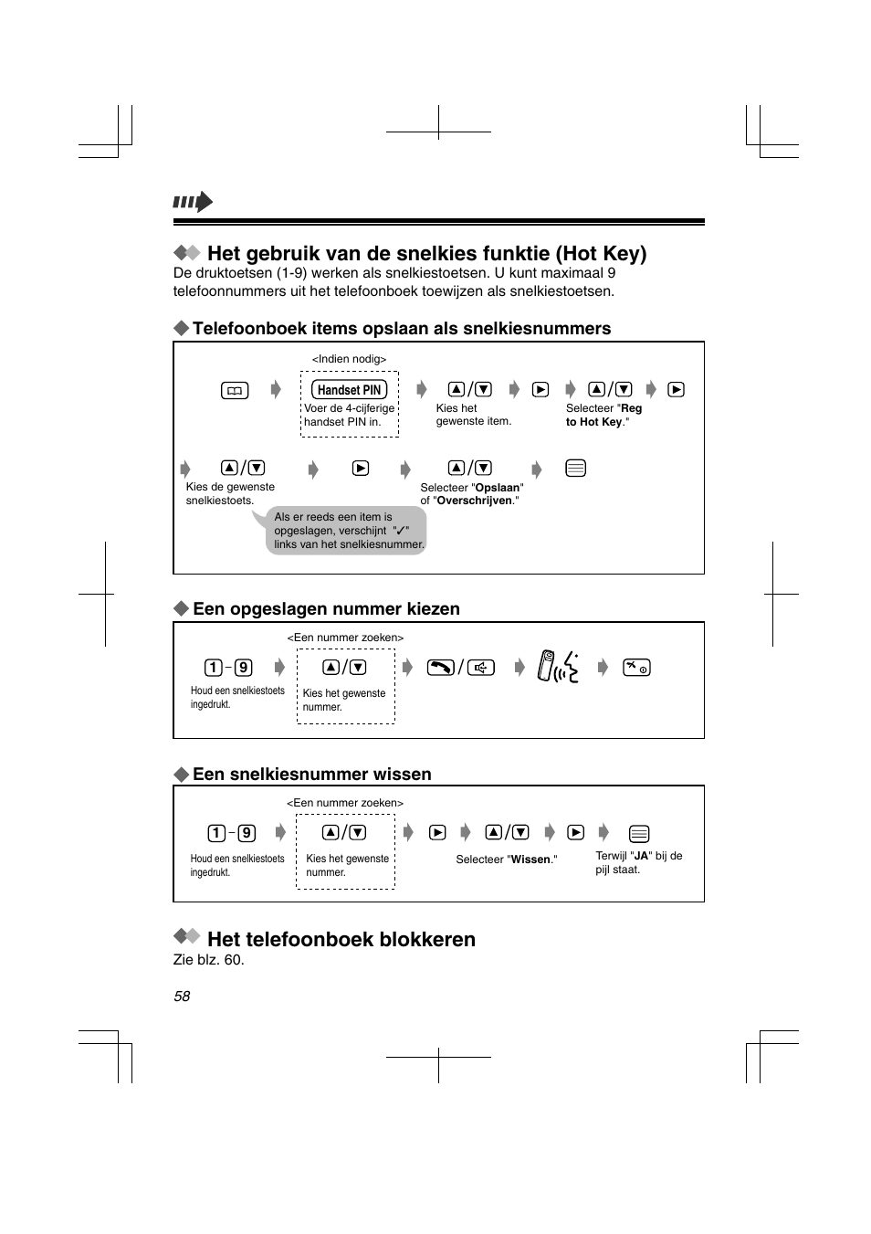Het gebruik van de snelkies funktie (hot key), Het telefoonboek blokkeren | Panasonic KXTD7580CE User Manual | Page 58 / 80