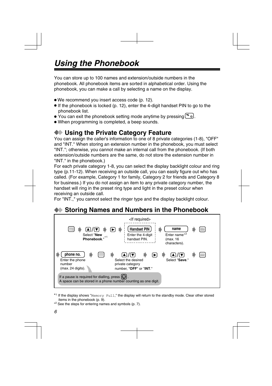 Using the phonebook, Storing names and numbers in the phonebook, Using the private category feature | Panasonic KXTD7580CE User Manual | Page 6 / 80