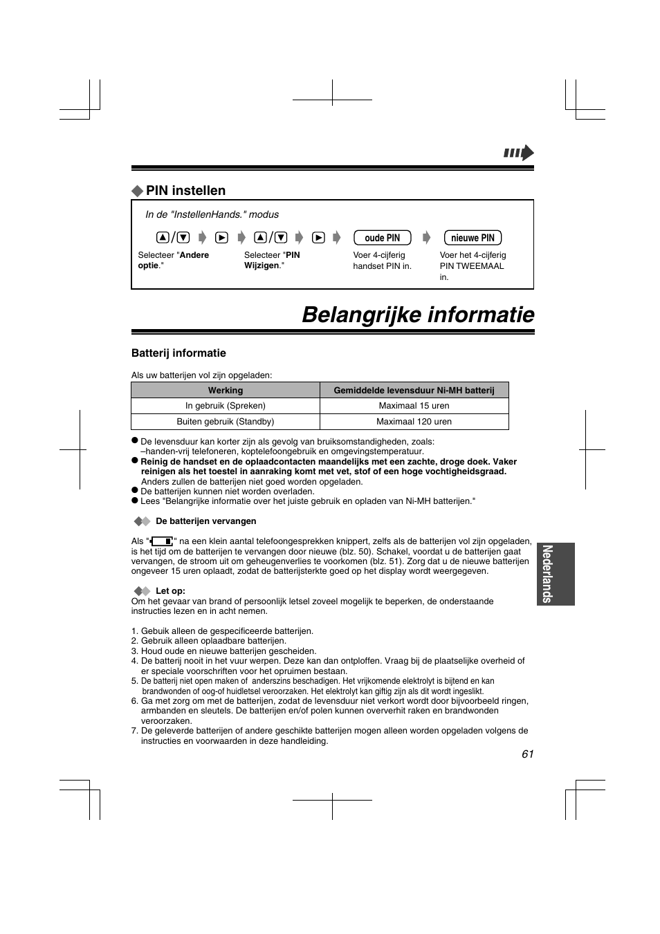 Belangrijke informatie, Pin instellen, Nederlands | Panasonic KXTD7580CE User Manual | Page 61 / 80