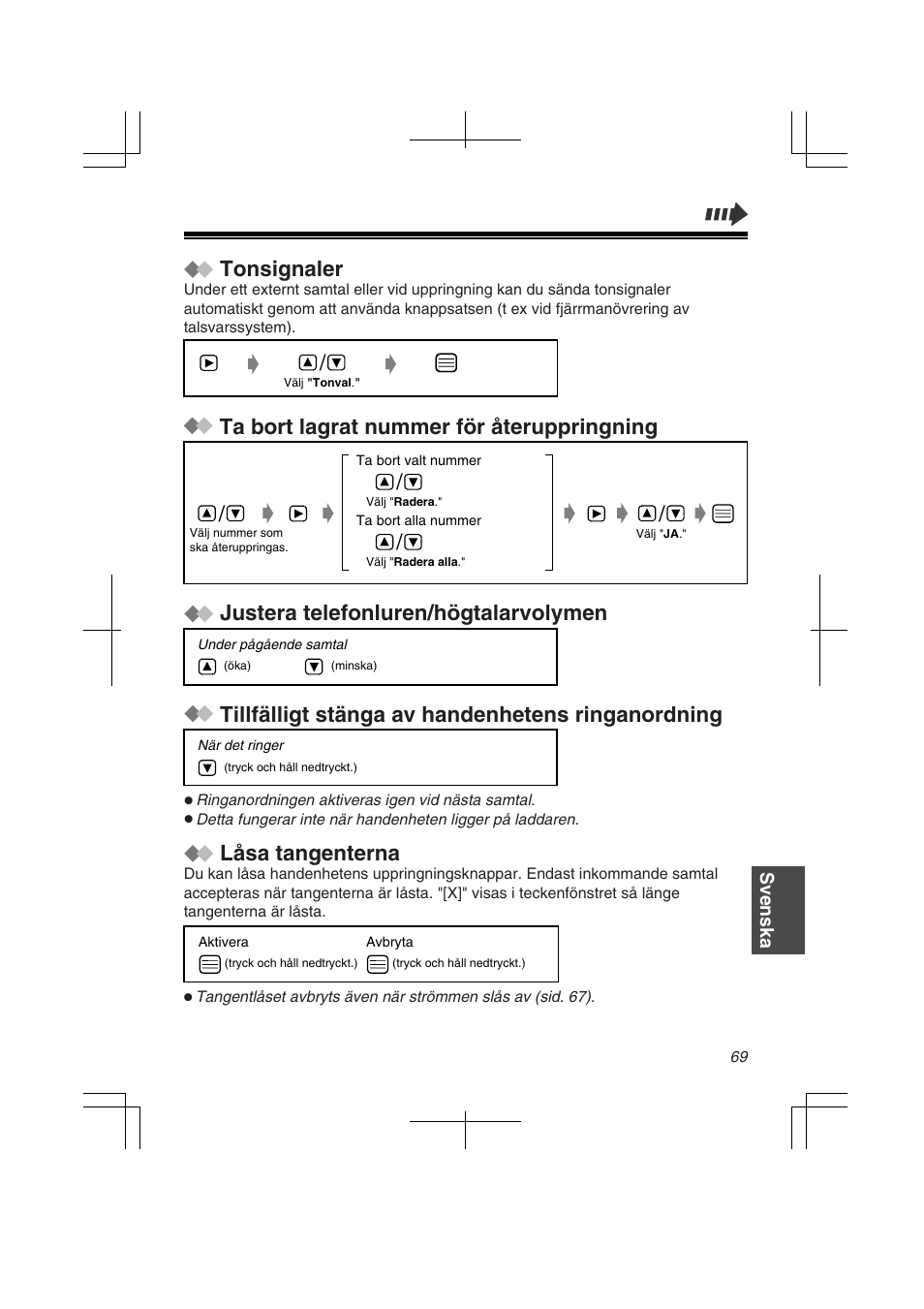 Tillfälligt stänga av handenhetens ringanordning, Tonsignaler, Låsa tangenterna | Panasonic KXTD7580CE User Manual | Page 69 / 80