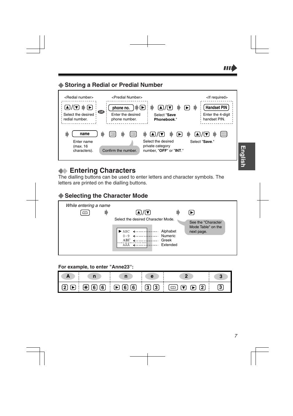 Entering characters, Selecting the character mode, Storing a redial or predial number | English | Panasonic KXTD7580CE User Manual | Page 7 / 80