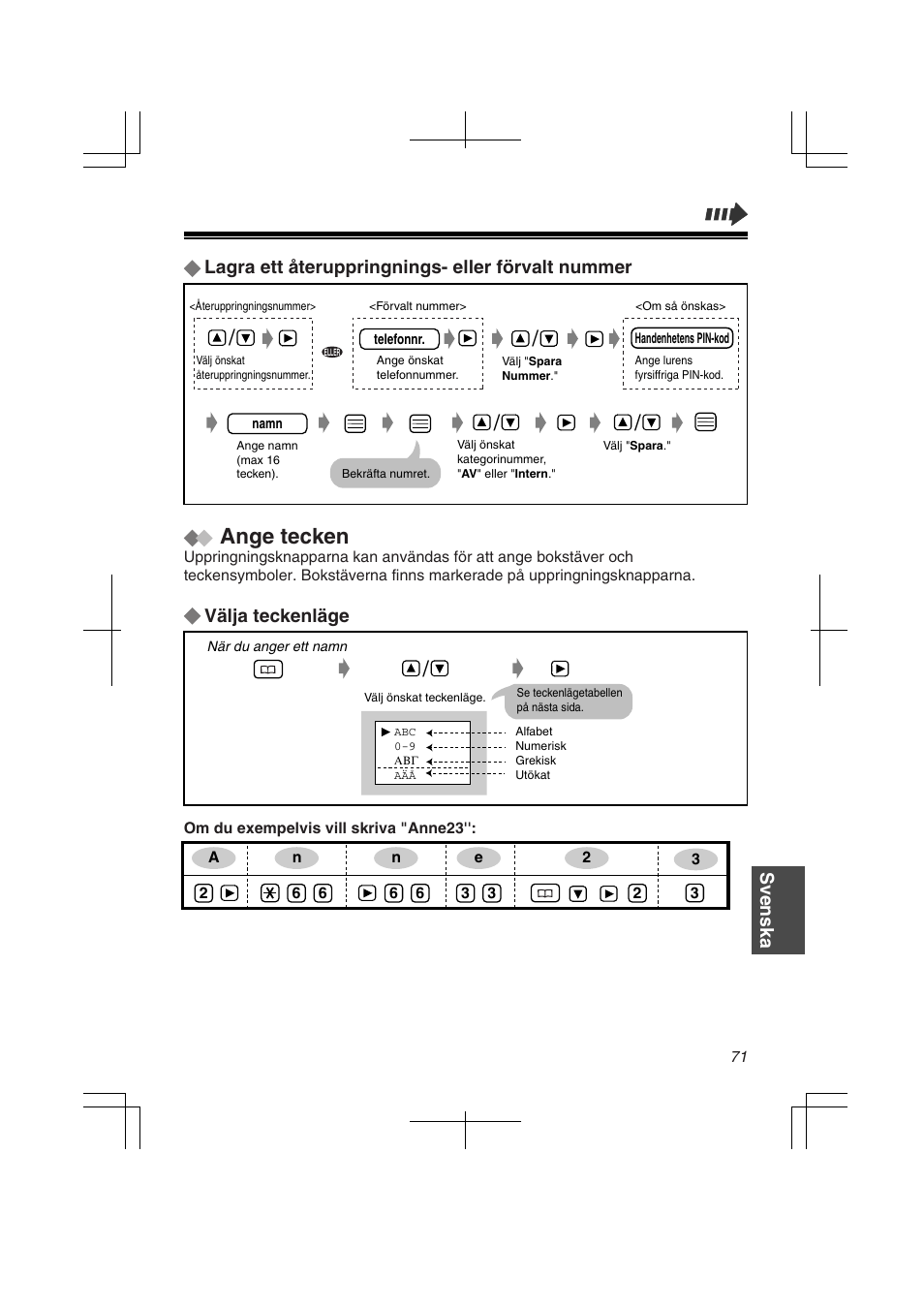 Ange tecken, Välja teckenläge, Lagra ett återuppringnings- eller förvalt nummer | Svenska | Panasonic KXTD7580CE User Manual | Page 71 / 80