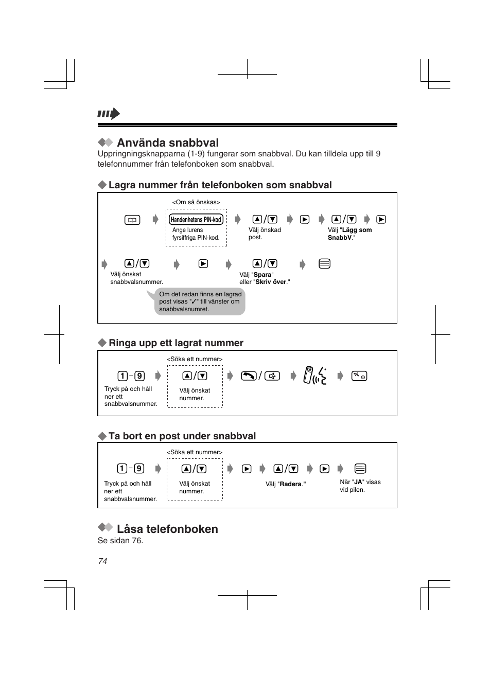 Använda snabbval, Låsa telefonboken | Panasonic KXTD7580CE User Manual | Page 74 / 80